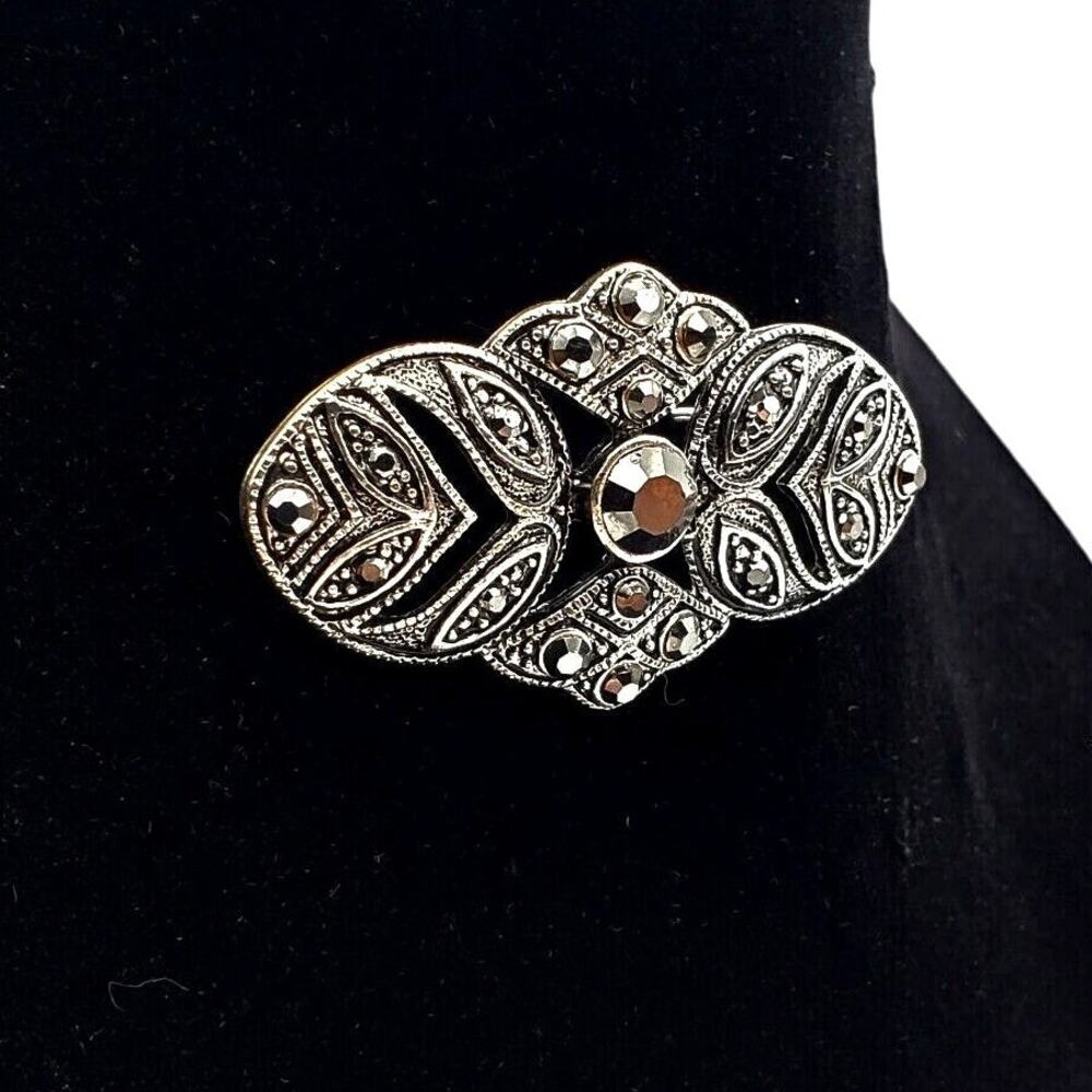 Silver Rhinestone Brooch Open Work Leaf Bar Pin Vintage Faux Marcasite Vtg 80s